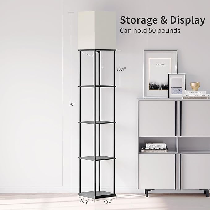 SUNMORY 5 Tier Floor Lamp with Shelves, Modern Square Standing Lamp with 3 Color Temperature Bulb, Corner Display Bookshelf Lamp for Living Room and Bedroom, Tall Shelf Floor Lamp-Ruum Studio Home