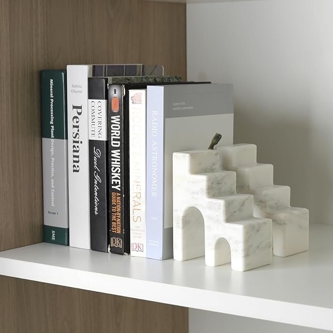Natural Marble Book Ends for Shelves, Decorative Bookends for Heavy Books, CastleGuard Bookend Book Holder Stopper for Home Office Desk Bookshelf Decoration, Set of 2 (Oriental Calacatta)-Ruum Studio Home