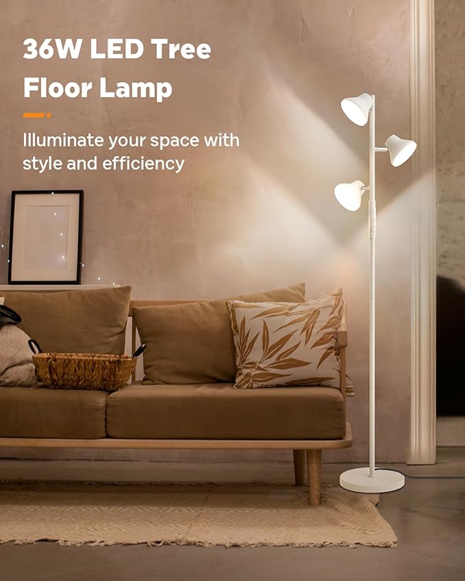 White Floor Lamp, 36W Modern Dimmable Standing Lamp 2700-6500K, 3 Rotatable LED Lights Reading Tall Lamp, Touch & Remote Control Floor Lamps for Living Room Bedroom Office-Ruum Studio Home