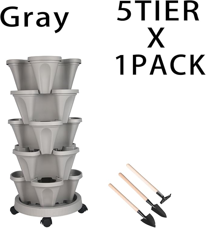 Vertical Planter 5 Tier Stackable Planters Garden Planters Strawberry Herb Flower and Vegetable Planter Indoor Outdoor Gardening Pots with Removable Wheels and Tools-Ruum Studio Home