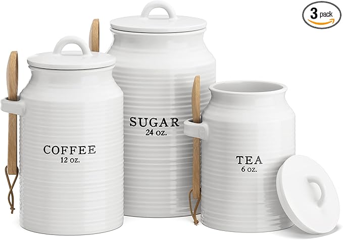 Barnyard Designs Canister Set for Kitchen Counter, Coffee Tea Sugar Container Ceramic Set, Decorative Canisters, Rustic Farmhouse Canister Jars, White (Coffee/Sugar/Tea)-Ruum Studio Home