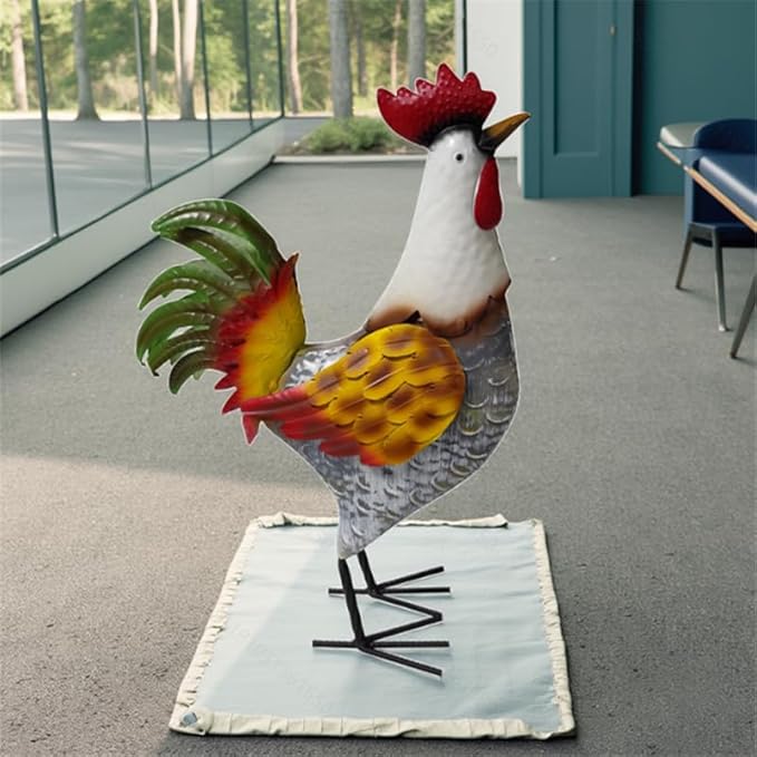 Metal Rooster Statue, Garden Outdoor Decor, Red and Gold Feathers, Weather Resistant, Metal Chicken Yard Art Sculpture, Iron Garden Animal Statue-Ruum Studio Home
