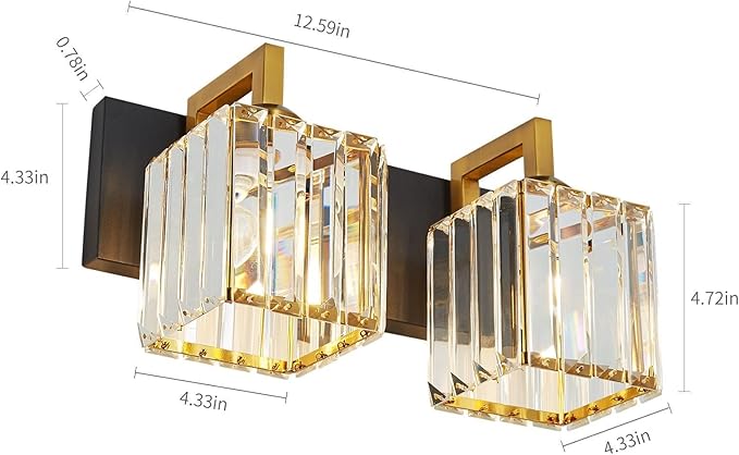 Modern Bathroom Vanity Light 2-Lights Black Gold Crystal Wall Lamp Bathroom Modern Crystal Vanity Lighting-Ruum Studio Home