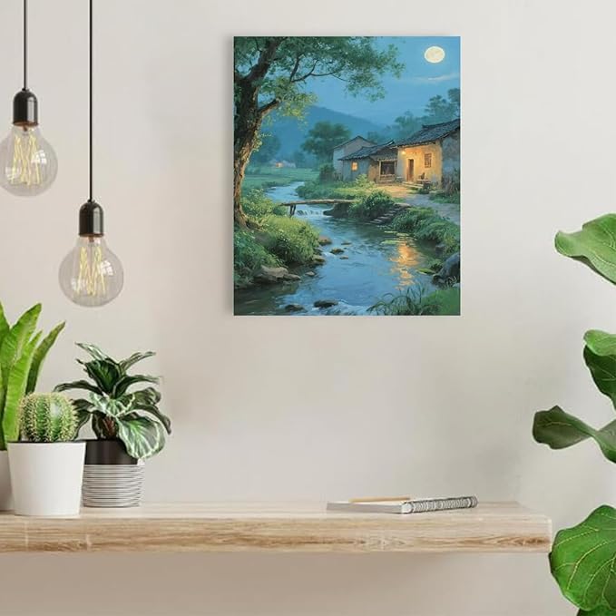 Moonlight under the big tree creek cabin scenery is suitable for posting in the living room bedroom office scenery poster wall painting-Ruum Studio Home