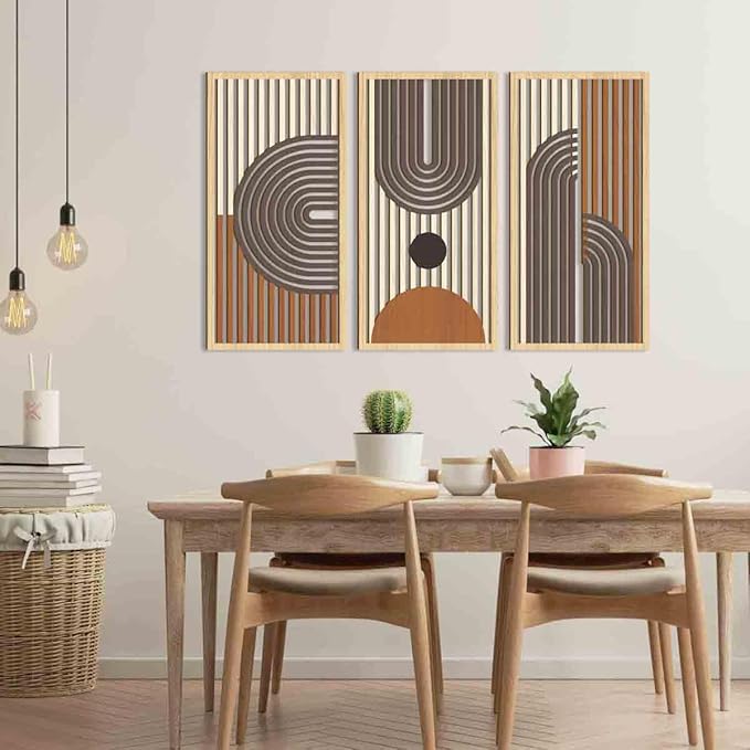 IARTTOP Mid century Modern Decor 16x32 Inch Large Boho Wood Wall Art Abstract Wooden Wall Decor Minimalist Bohemian Orange Artwork for Living Room Bedroom Office Set of 3-Ruum Studio Home