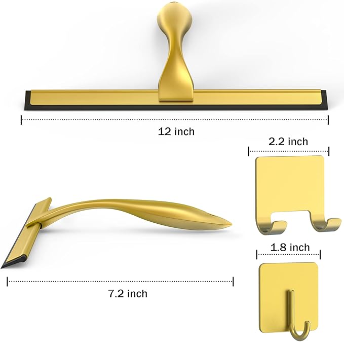 All-Purpose Stainless Steel Shower Squeegee for Shower Doors with 2 Adhesive Hooks, Bathroom Cleaner Tool Household Window Mirror Squeegee for Home Cleaning, Glass Door, Tile Wall, Car, 12 Inch Golden-Ruum Studio Home