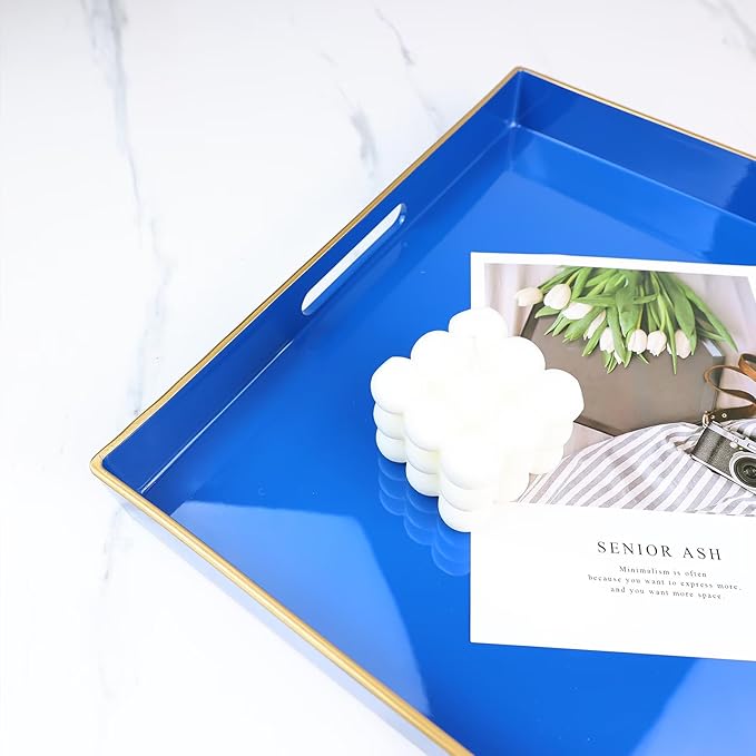 Spsyrine Blue Decorative Tray for Living Room, Square Modern Plastic Coffee Serving Table Tray for Ottoman Bathroom Kitchen,13"*13"-Ruum Studio Home
