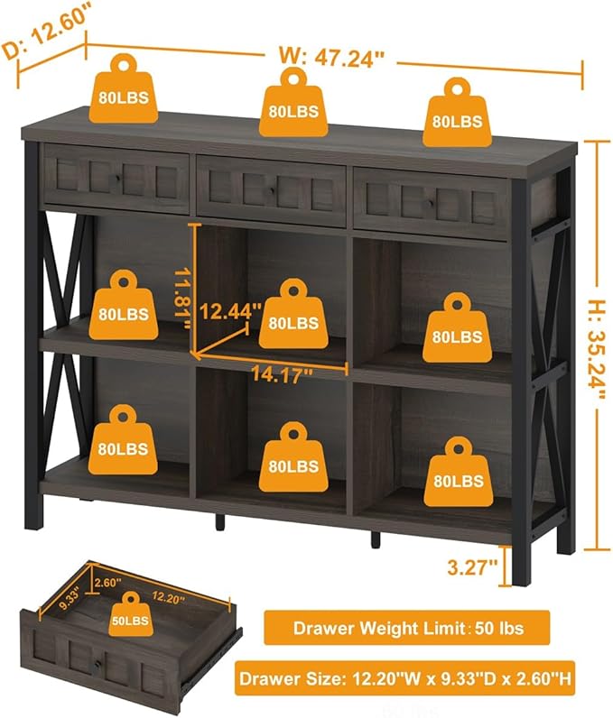 FATORRI Rustic 6 Cube Storage Organizer Bookshelf with 3 Drawers, Short Low Horizontal Bookshelf for Living Room, Industrial Wood and Metal Cubby Bookcase for Home Office (Walnut Brown, 47 Inch)-Ruum Studio Home