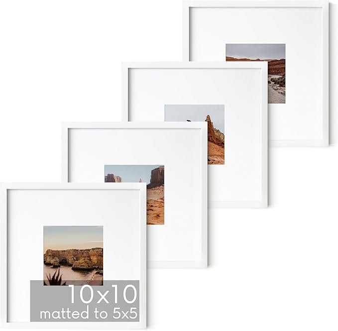 HAUS AND HUES 10x10 White Metal Picture Frames Matted to 5x5 - Features Premium Aluminum & Hanging Hardware, Shatterproof Plexiglass - Ideal for Home, Room, Office (10x10 in, White, Set of 4)-Ruum Studio Home