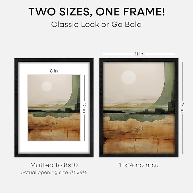 Homeforia 11x14 Picture Frame Black Wood, High End Oak 11x14 Poster Frames with Mat 8x10, 11 x 14 Wooden Frame Matted to 8 x 10 inch Photo, 14x11 Thin Hanging Frame, Tempered Glass, Wall Kit, Set of 1-Ruum Studio Home