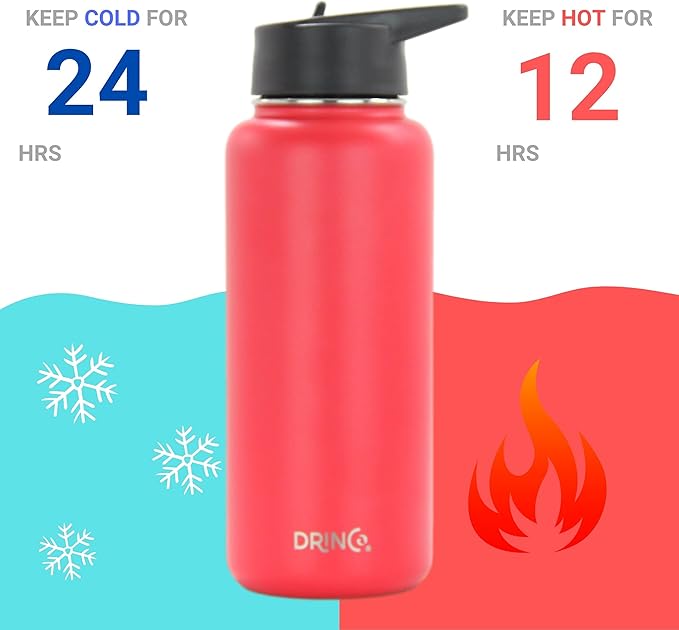 DRINCO Stainless Steel Water Bottle Spout Lid Vacuum Insulated Double Wall Water Bottle Wide Mouth (40oz 32oz 22oz 18oz 14oz) Leak Proof Keeps Cold or Hot (32 oz, 32oz Barn Red)-Ruum Studio Home