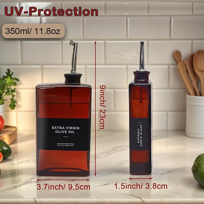 Olive Oil Dispenser Bottle for Kitchen, UV-Protected Dark Glass 11.8oz, Oil and Vinegar Dispenser Set, Soy Sauce Dispenser, Coffee Syrup Bottles- 11.8oz, Set of 2-Ruum Studio Home