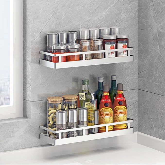 2PCS Kitchen Spice Rack, SUS304 Stainless steel Wall Mount Storage Rack, Seasoning Container, 15.7Inch Spice Organizer, Kitchen Seasoning Hanging Rack, Bathroom Shelf for Storing Toiletries-Ruum Studio Home