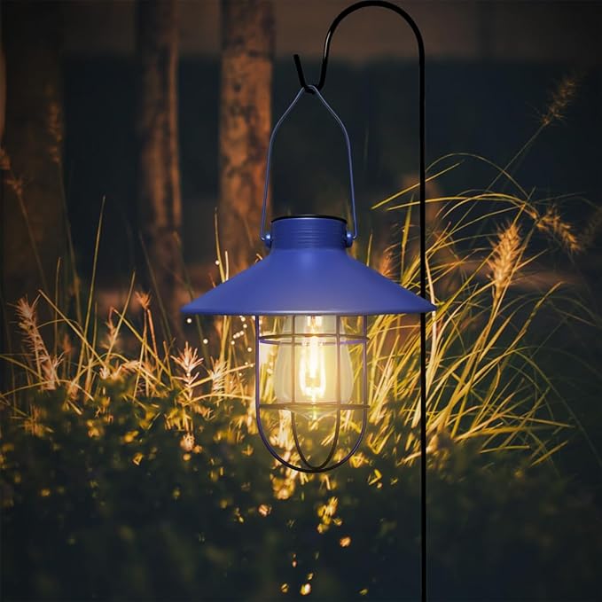 pearlstar Solar Lantern Outdoor Hanging Light Metal Farmhouse Solar Lamp with Warm White Edison Bulb Design for Garden Yard Patio Proch Decor(Blue)-Ruum Studio Home