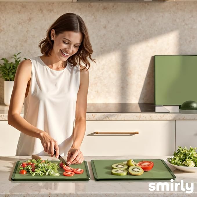 SMIRLY Plastic Cutting Board Set with Holder 3 Pieces, Non-Slip Dishwasher Safe Chopping Boards for Kitchen, Green-Ruum Studio Home