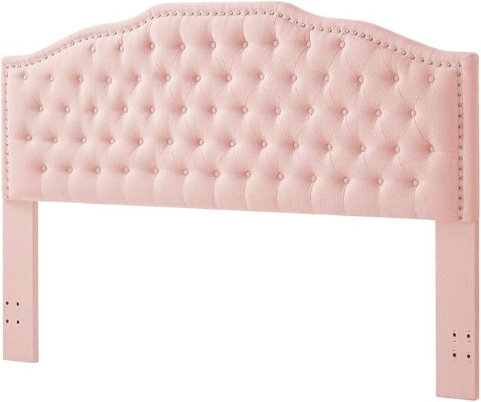 24KF Upholstered Button Tufted King Size Headboard with Nailhead Trim, Elegant Boucle Fabric California King headboard, 6031-K-Boucle-Pink-Ruum Studio Home