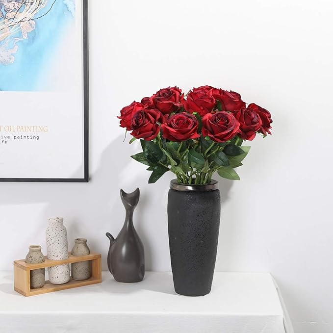 Burgundy Fake Roses Artificial Flowers - 10 Pcs Fake Artificial Roses Silk Flowers with Stems for Home Wedding Hotel Office Centerpiece Decor（Burgundy）-Ruum Studio Home