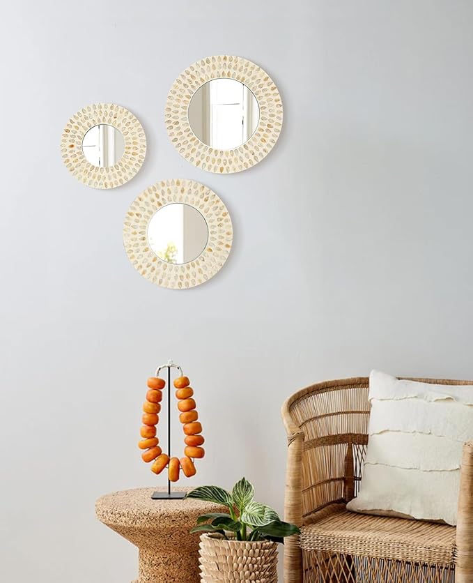 Boho Mirror Wall Decor for Living Room, 3PCS Natural Mother of Pearl Decorative Mirror for Farmhouse Rustic Home, Hanging Sculptures for Women Bedroom Hallway Porch Decoration (Light Brown)-Ruum Studio Home