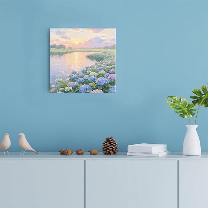 The hydrangea scenery all over the lake at sunset is suitable for posting in the living room bedroom office landscape poster wall painting-Ruum Studio Home