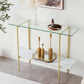 Glass Console Table for Living Room, Foyer & Entrance, 2-Tiers Mid-Century Modern Sofa Table with Clear Glass Top, White Marble Finish Wood Shelf and Gold Finish Frame-Ruum Studio Home