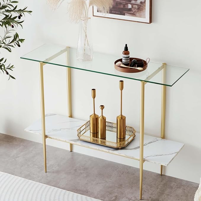 Glass Console Table for Living Room, Foyer & Entrance, 2-Tiers Mid-Century Modern Sofa Table with Clear Glass Top, White Marble Finish Wood Shelf and Gold Finish Frame-Ruum Studio Home