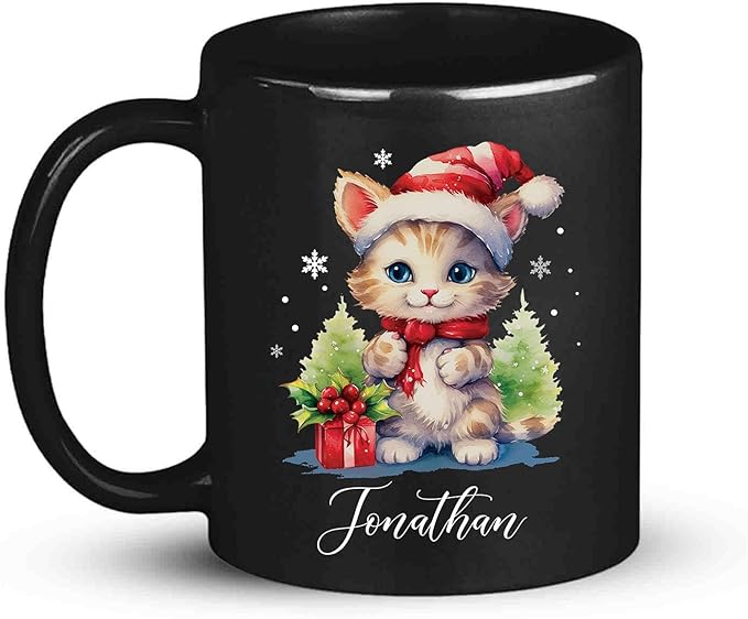 Cute Christmas Cat Cup, Customized Animal Coffee Mug, Gift For Birthday, Personalized Animal Lover Black Cup 11oz 15oz, Custom Xmas Cat Design Mug For Girl-Ruum Studio Home