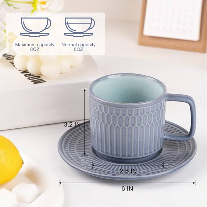 Large Cappuccino Cups with Saucers Set of 4, 8 Ounce Stackable Embossed Ceramic Coffee Mugs for Specialty Coffee Drinks, Latte, Cafe Mocha and Tea, Dishwasher & Microwave Safe (Blue)-Ruum Studio Home