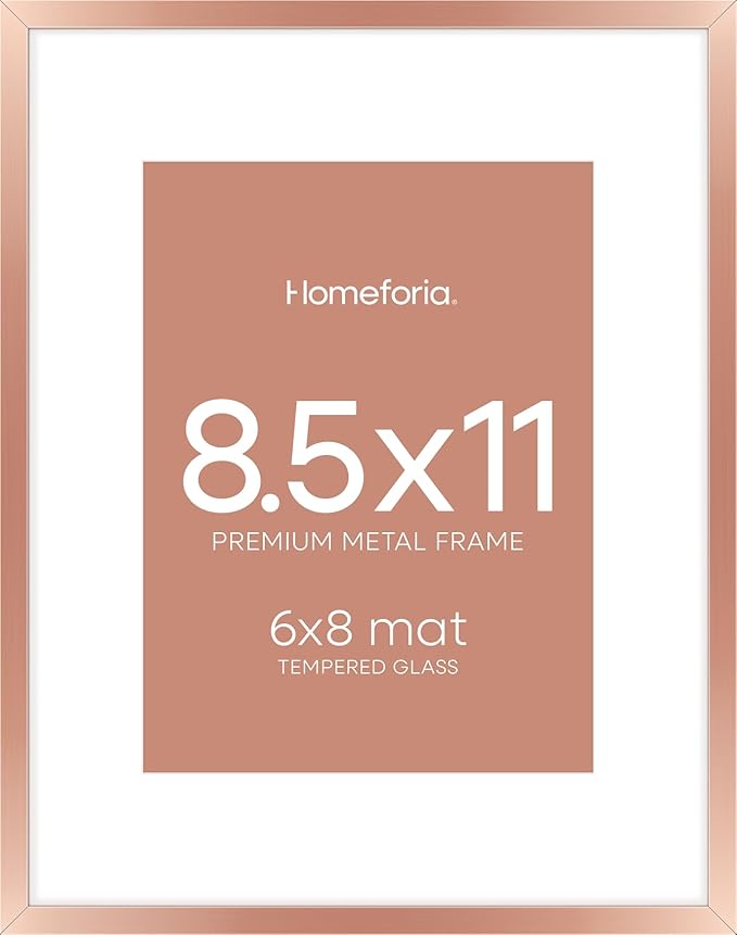Homeforia 8.5x11 Rose Gold Frame, High End Metal 8.5 x 11 Picture Frames with Mat 6 by 8 inch Photo, 11x8.5 Poster Frame Matted to 6x8 Print, Wall or Tabletop Frame, Tempered Glass, Wall Kit, Set of 1-Ruum Studio Home