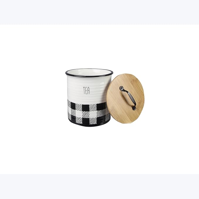 Young's Inc. 4 Pcs Set Plaid with Bamboo Lids Ceramic Canisters- Storage Container for Kitchen and Bathroom - Beautiful Home Decor Accent to Store Food, Coffee, Tea, and More - Black, White-Ruum Studio Home