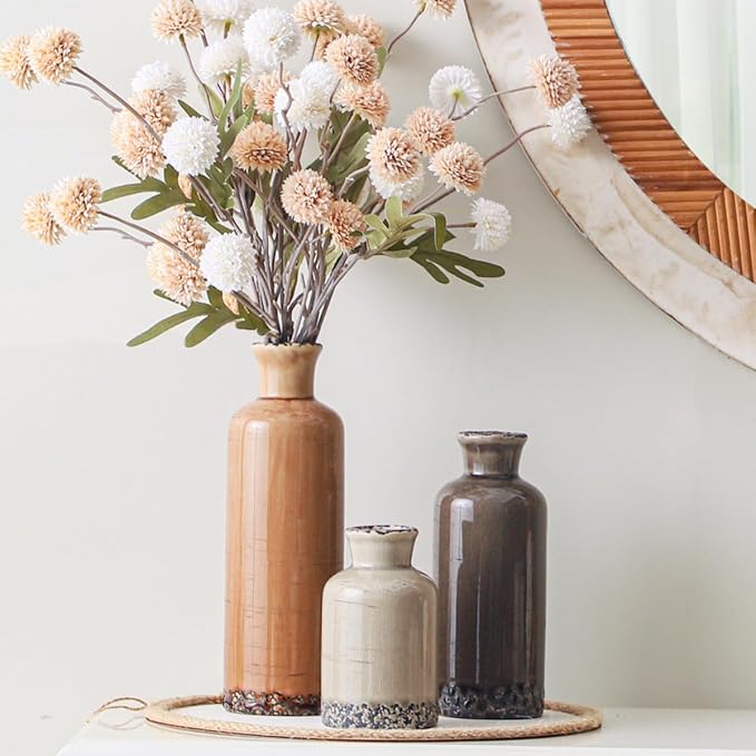Ceramic Vase Set of 3, Neutral Flower Vases Home Decor, Pottery Rustic Farmhouse Decorative Vases Modern Decor for Table Mantel Entryway Bookshelf Living Room Kitchen Bedroom - Brown-Ruum Studio Home