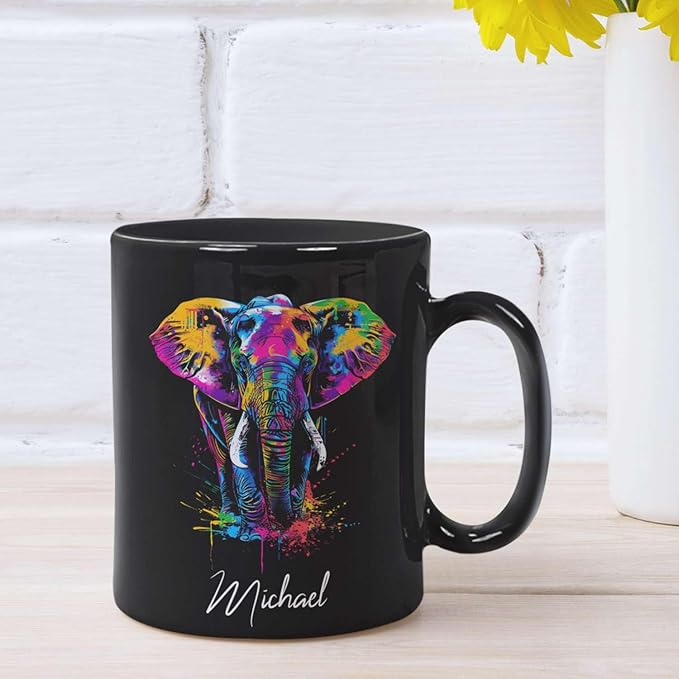 Elephant Coffee Mug 11oz 15oz, Personalized Name Animal Black Cup, Gift For Elephant Lovers, Custom Colorful Animal Design Mug, Gifts For Son Daughter On Birthday-Ruum Studio Home