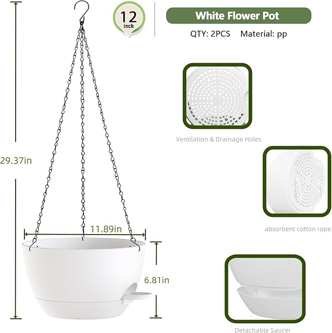 12 Inch Hanging Baskets 2 PC with Chains, Self-Watering Hanging Planters for Indoor Outdoor Plants, Plastic Hanging Flower Pots,White-Ruum Studio Home