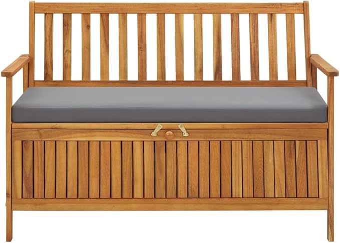 vidaXL Patio Storage Bench 47.2", Solid Acacia Wood, Dark Gray Cushion, Ample Storage Compartment, Rustic Style, Home and Garden Furniture-Ruum Studio Home