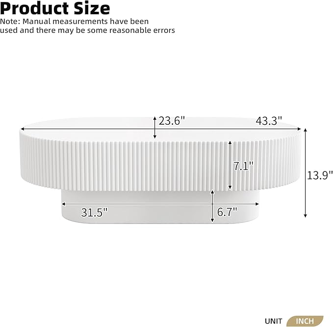 43.3" Oval Fluted Coffee Table Modern Elegant Drum End Table, Minimalist Center Table 7.8" Thick Tabletop with Sturdy Base for Living Room, Bedroom, Apartment,Easy Assembly, White-Ruum Studio Home