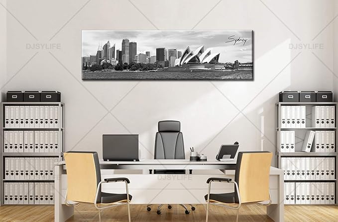 DJSYLIFE Sydney Skyline Wall Art Decor Canvas Print Black and White City Building Landscape Poster Australia Cityscape Modern Artwork Painting for Bedroom Office Home Decoration - 13.8" x 47.3"-Ruum Studio Home