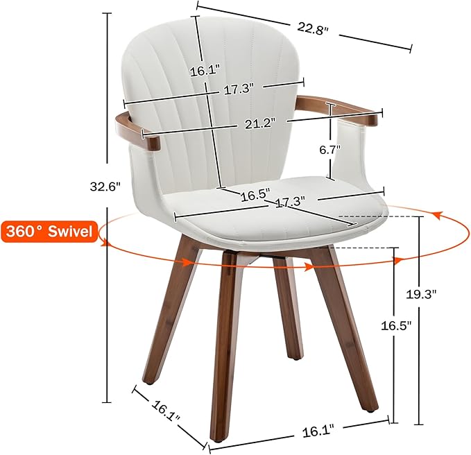 LUNLING Swivel Dining Chairs, Mid Century Modern White Faux Leather Kitchen Chairs with Arms,Bamboo Legs Side Chairs No Wheels,Accent Chair for Dining Rooms and Offices,1PCS-Ruum Studio Home