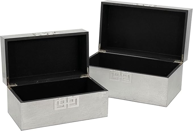 Galt International Storage Box Set Decorative Storage Box w/Hinged Lid Classic Design Wood Decor Boxes with Geometric Clasp Storage for Bedroom & Home - Set of 2 (Silver)-Ruum Studio Home