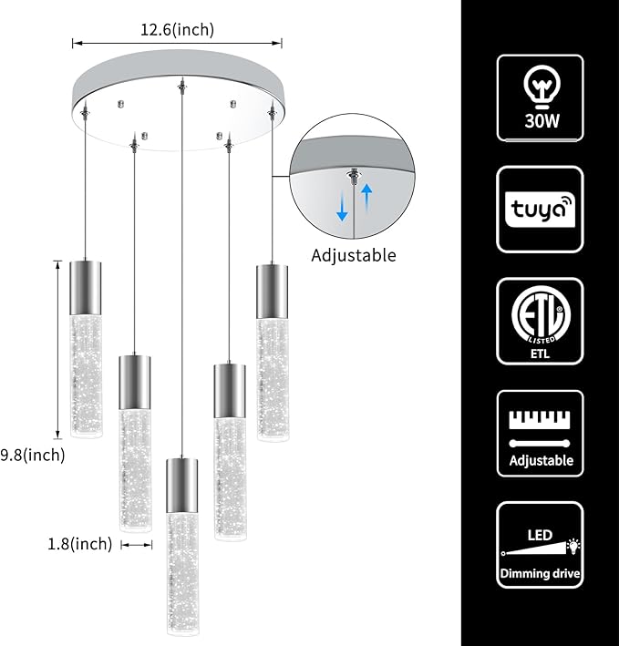OKELI Smart Dimmable LED 5-Light Pendant Light for Kitchen Island, 18W 1350LM Modern Bubble Crystal Island Light Fixture with TUYA App & Voice Control, Adjustable 3000K-6000K, Electro-Chrome-Ruum Studio Home