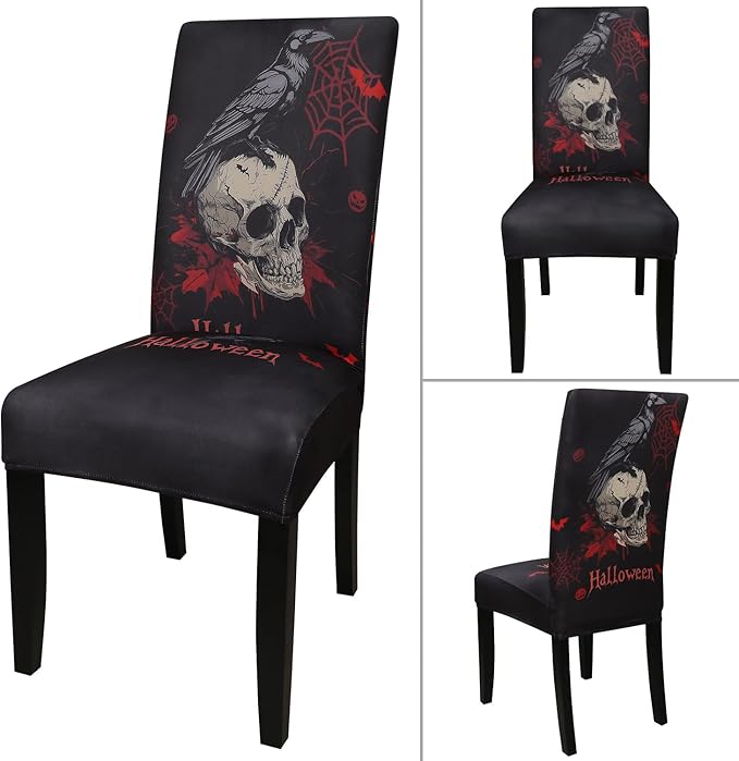 JQinHome Black Halloween Chair Slipcover,Skull Chair Covers Set of 6, High Stretch Washable Chair Protector Cover for Dining Room, Kitchen,Home Party,Wedding Ceremony(Skull Black,6PC)-Ruum Studio Home