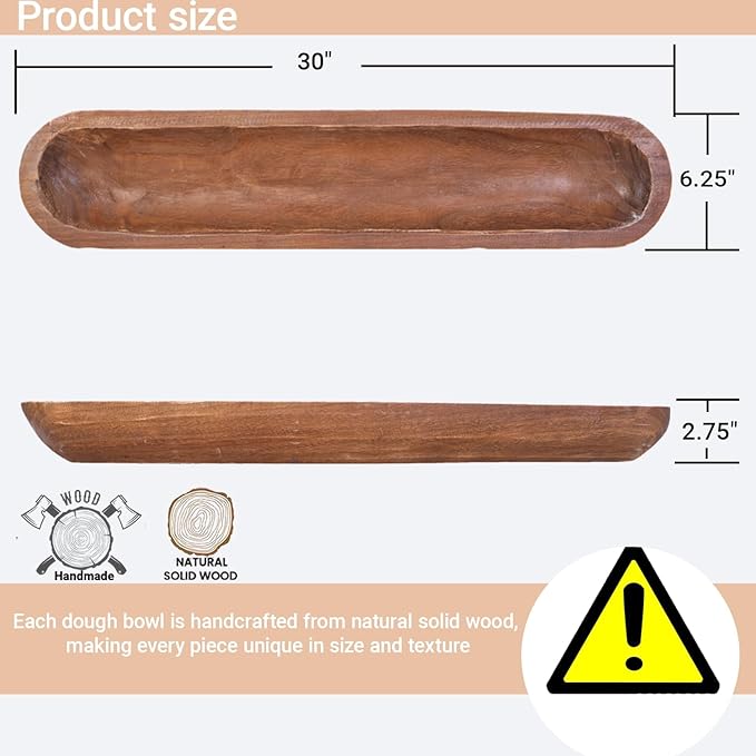 Athaliah Wooden Dough Bowl, Hand Carved Rustic Long Wood Dough Bowls for Decor, Vintage Decorative dough bowl for Table Centerpiece (30 Inch-Brown)-Ruum Studio Home
