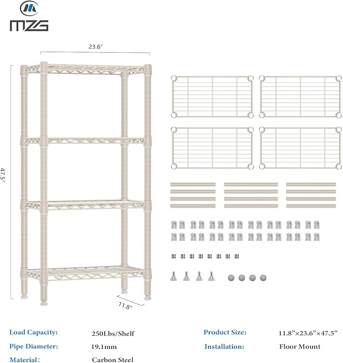 1000 lbs 4-Shelf Standing Storage Shelves Heavy Duty Metal Shelving Unit Adjustable Wire Rack for Office Garage Kitchen, Light Tan 11.8 D x 23.6" W x 47.5" H-Ruum Studio Home
