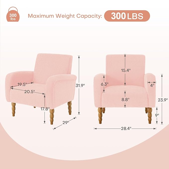 Chenille Fabric Accent Chair, Upholstered Armchair with Solid Wood Legs, Modern Living Room Accent Chair, Comfy Single Sofa Chair Reading Club Chair for Bedroom Reception Lounge, Pink-Ruum Studio Home
