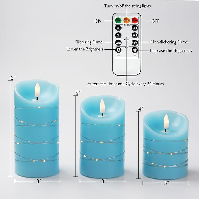 Homemory Flameless Candles with String Lights, 3 Pack Embedded Fairy String Lights LED Candles, Electric Flickering Candles with Remote Control and Timer, Real Wax, Blue-Ruum Studio Home