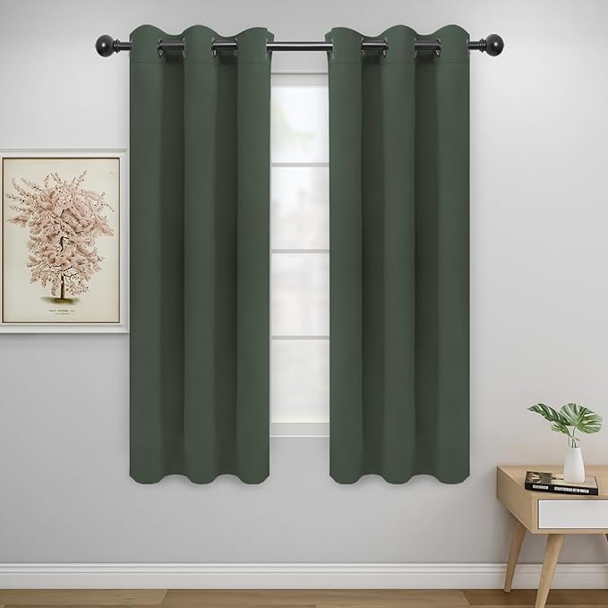 Easy-Going Blackout Curtains for Bedroom, Solid Thermal Insulated Grommet and Noise Reduction Window Drapes, Room Darkening Curtains for Living Room, 2 Panels (34x63 in, Greyish Green)-Ruum Studio Home