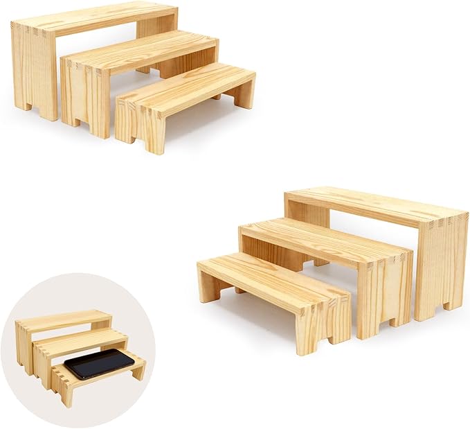 Display Wood Risers Wooden Stand 3 Tier Wood Racks Decorative Rectangular, 2 Set 6 Piece Cupcake Stands Cologne Perfume Organizer Dessert Showcase(Nature)-Ruum Studio Home