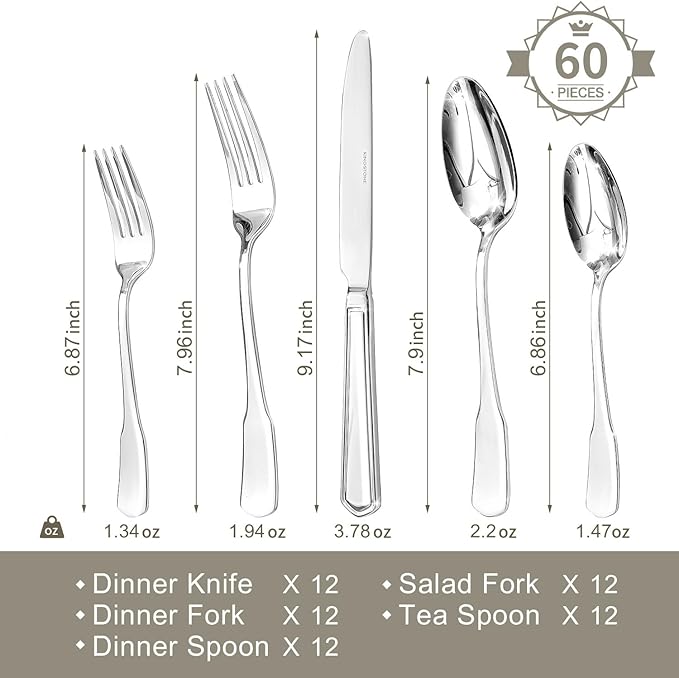 HIKAA Premium Silverware Set, Stainless Steel Flatware Set with Wide-Based Handles for Comfort & Durability, Forks & Spoons Cutlery Silverware Set (60PCS)-Ruum Studio Home