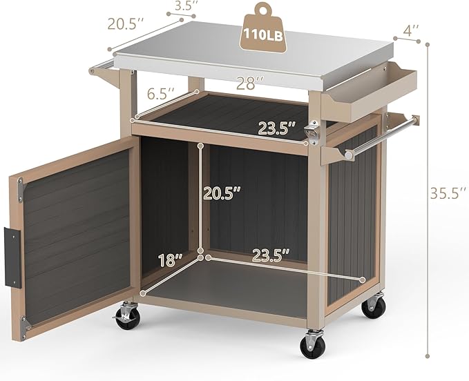 Skyflame Outdoor Grill Cart with Storage on Wheels, Rolling Kitchen Island with Stainless Steel Table Top, Multifunctional BBQ Food Prep Table with Magnetic Single Door for Patio Backyard Garden Deck-Ruum Studio Home