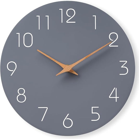 Mosewa Wall Clock 14 Inch Gray Battery Operated Silent Non Ticking Simple Modern Wood Clock Decorative for Bedroom Living Room Kitchen Home Office