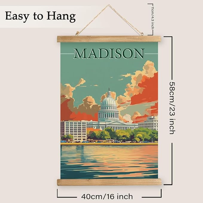 WREVERW Vintage Madison Poster Canvas Print with Wooden Hanger Frame, Featuring the Iconic Wisconsin State Capitol and Lakeside View, Wall Art for Home and Office Decor, 16x23 inches-Ruum Studio Home