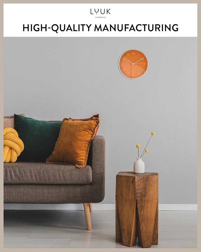 LUUK LIFESTYLE Silent Quartz Wall Clock, Modern and Minimalist Design, Without Ticking, 10” Kitchen Clock, for Living Room, Bedroom, Housewarming Gift, Orange and Silver-Ruum Studio Home
